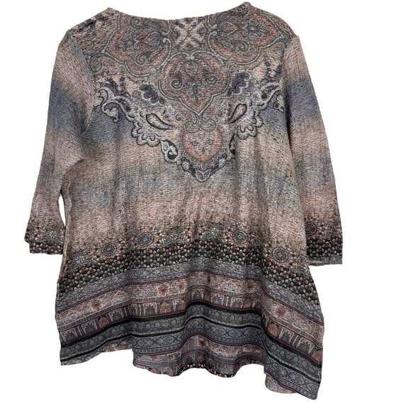 Live & Let Live Womens 1X Boho Print Knit Tunic Top Lace Detail Contrasting Hem - Picture 8 of 12